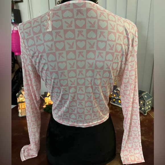 Long sleeved See through Pink and White Authentic Playboy Bunny Crop Top Sz Lrg - Picture 4 of 6